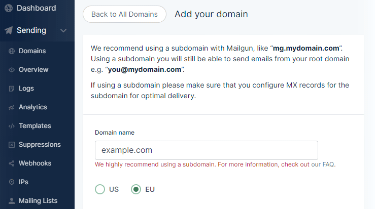 Adicionar Mailgun de Domínio