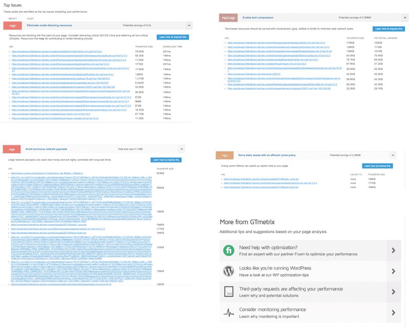 Problemas sinalizados pelo GTmetrix durante a auditoria do meu site
