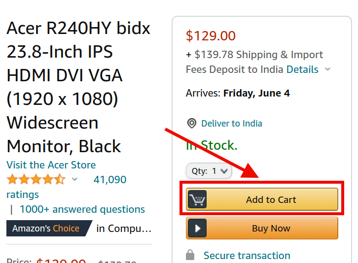 Exemplo de CTA da Amazon