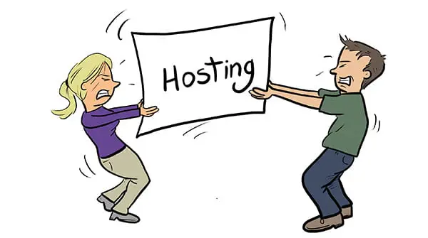 Um casal lutando contra uma placa de hospedagem.