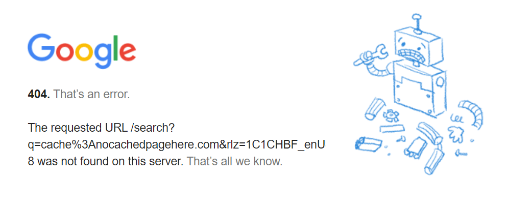 Um erro 404 indicando que uma página não tem versão em cache.