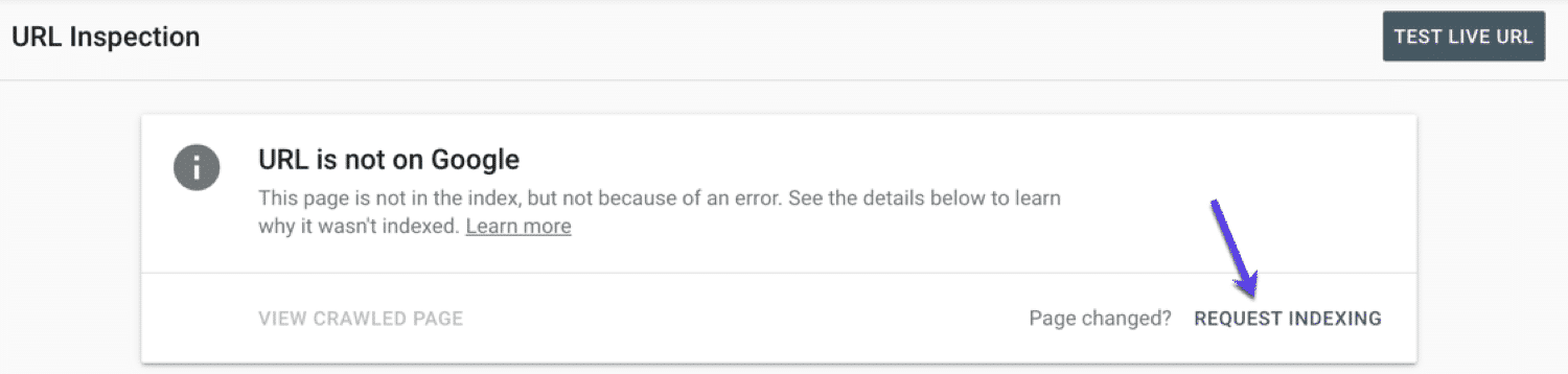 Ferramenta de inspeção de URL do Google Search Console com uma seta apontando para a opção "Solicitar indexação".