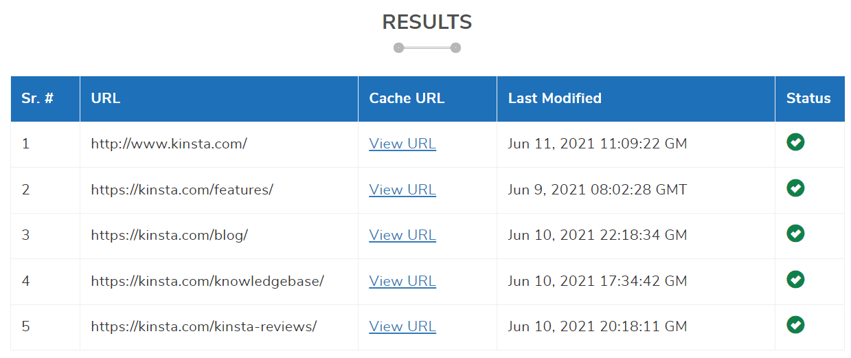 Uma captura de tela dos resultados da ferramenta Google Cache Checker mostrando várias páginas Kinsta.