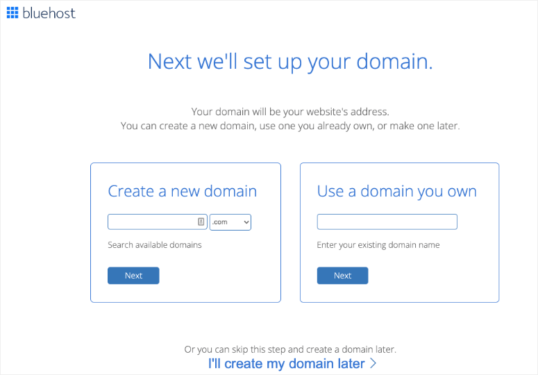 Tela da Bluehost com a opção de criar o domínio mais tarde