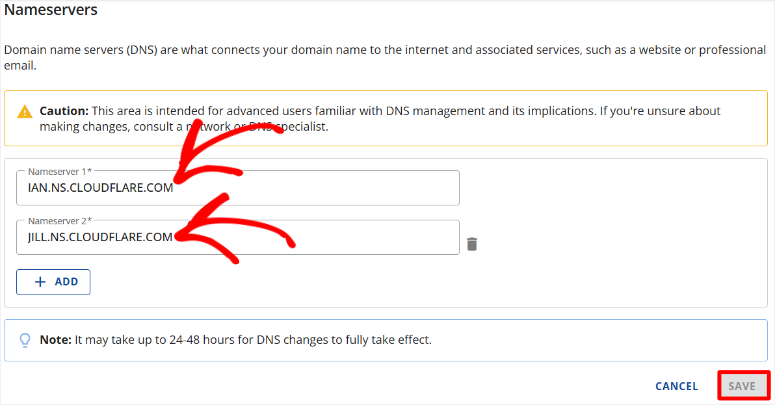 Painel de DNS com dois campos de nameserver e botão para salvar