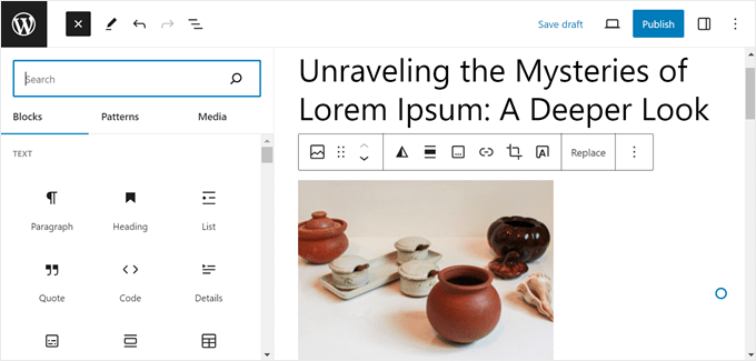 Editor do WordPress com a biblioteca de blocos aberta