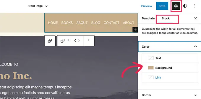 Editor do WordPress com o painel de configurações de um bloco destacado
