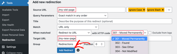 Plugin Redirection com URL de origem, URL de destino e código 301 destacados