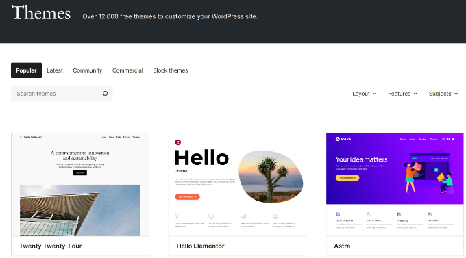Diretório oficial de temas do WordPress com opções de filtragem