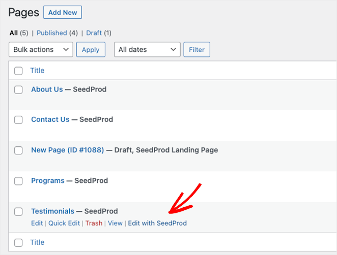 Lista de páginas do WordPress com a ação Edit with SeedProd destacada