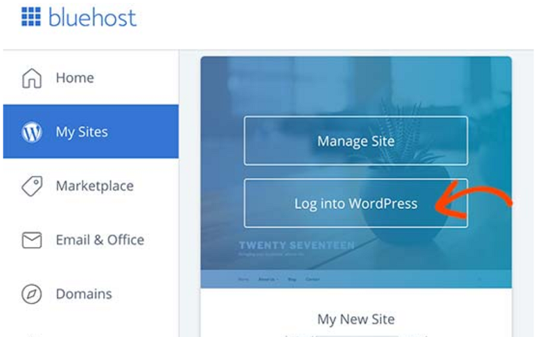 Painel da Bluehost com o botão Log into WordPress destacado