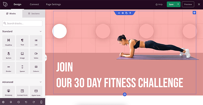 Página de desafio fitness sendo editada visualmente no SeedProd
