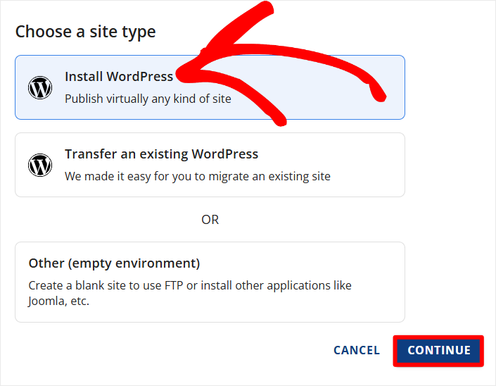 Tela da Bluehost com a opção Install WordPress destacada