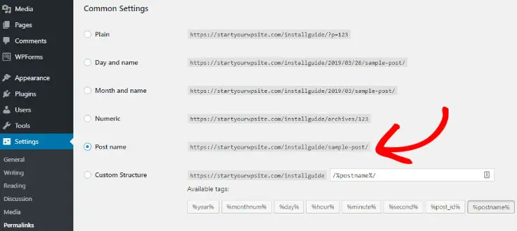 Configurações de links permanentes do WordPress com a opção Post name destacada