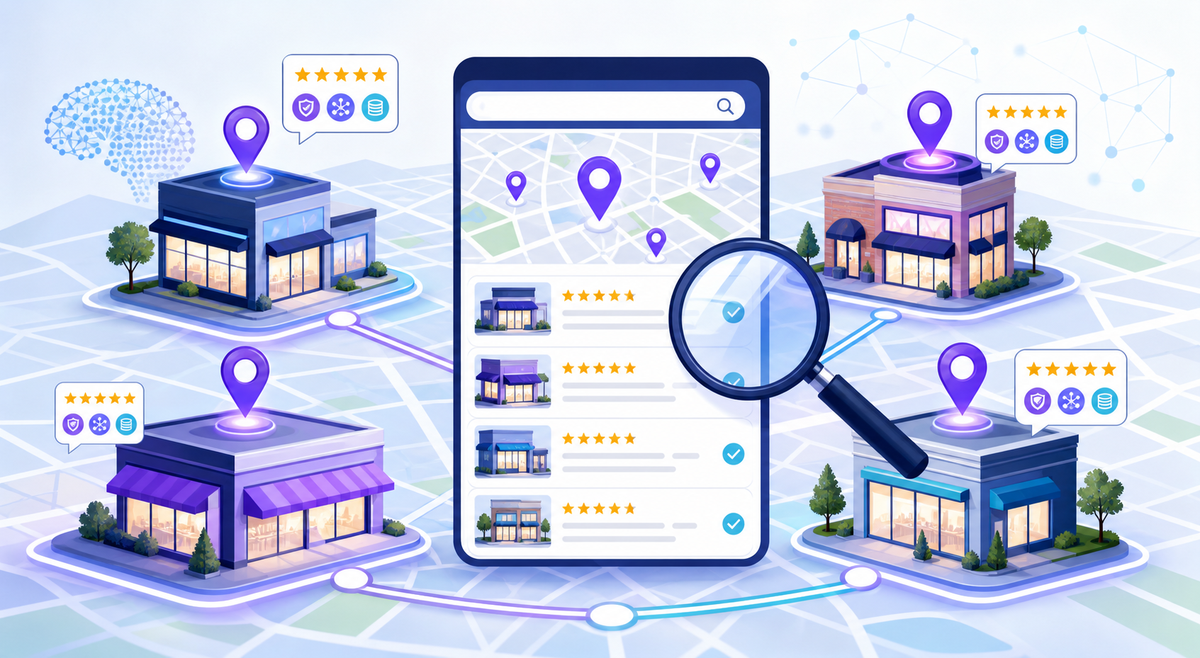 Rede de unidades comerciais conectadas a mapas e resultados de busca local