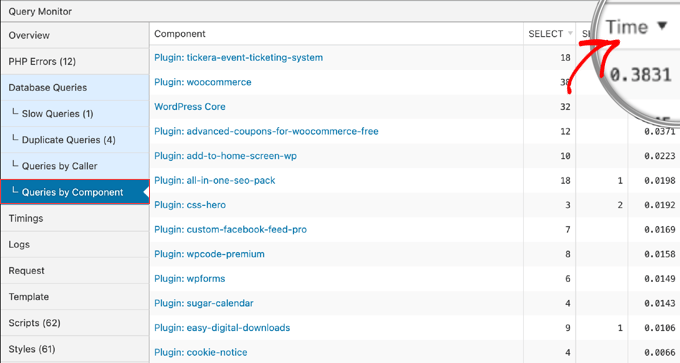 Consultas por componente no Query Monitor