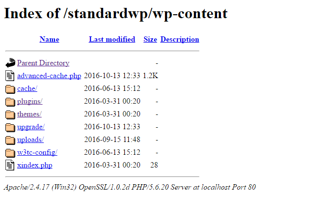 Uma captura de tela mostrando uma lista de arquivos em wp-content