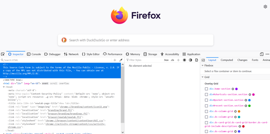 Imagem da ferramenta de inspeção do navegador FireFox