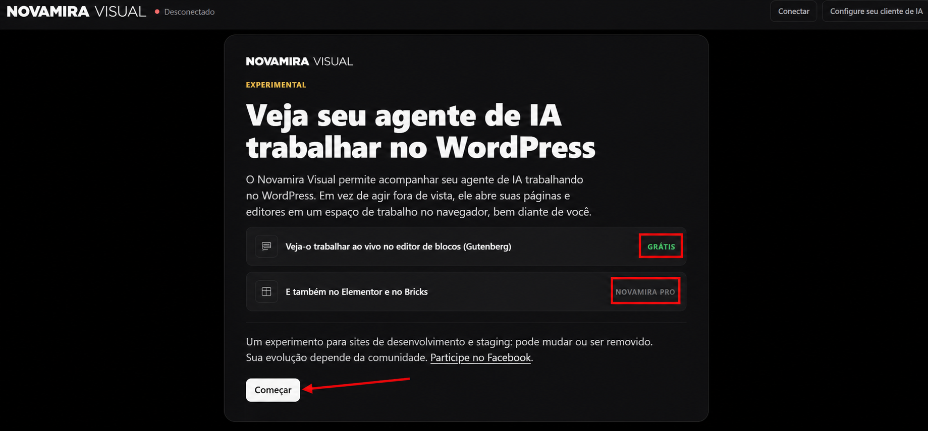 Tela inicial do Novamira Visual em português
