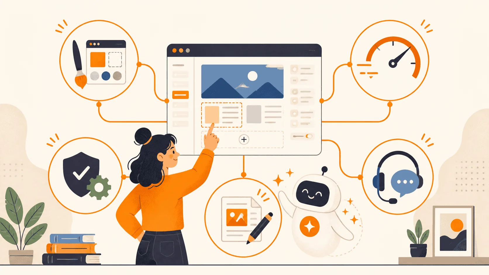 Dificuldades Do WordPress Reduzidas Pela Ia — Ilustração 2d Ilustração 2D da inteligência artificial ajudando em design, desempenho, segurança, conteúdo e suporte no WordPress