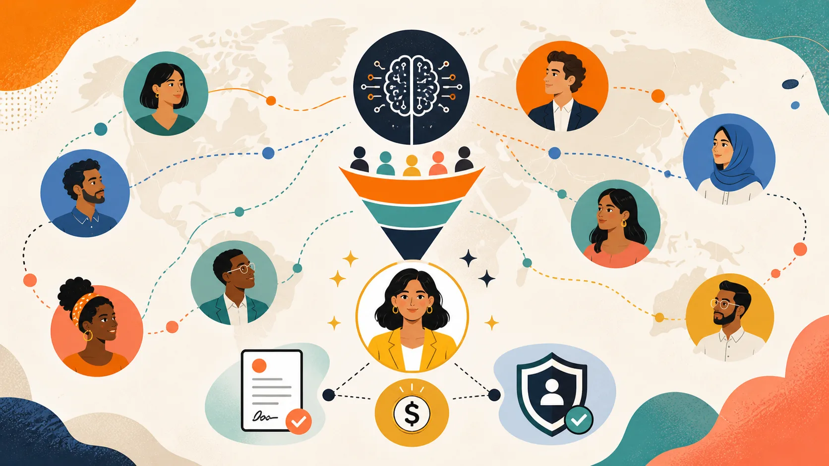Ia Nas Contratações Globais Em 2026 — Ilustração 2d Ilustração 2D de profissionais de vários países conectados por um processo global de contratação com inteligência artificial e compliance