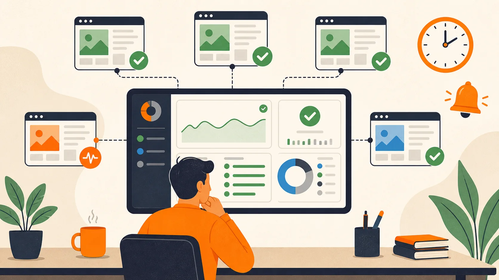 Monitoramento De Uptime Para Agências — Ilustração 2d Ilustração 2D de uma central monitorando a disponibilidade dos sites de vários clientes