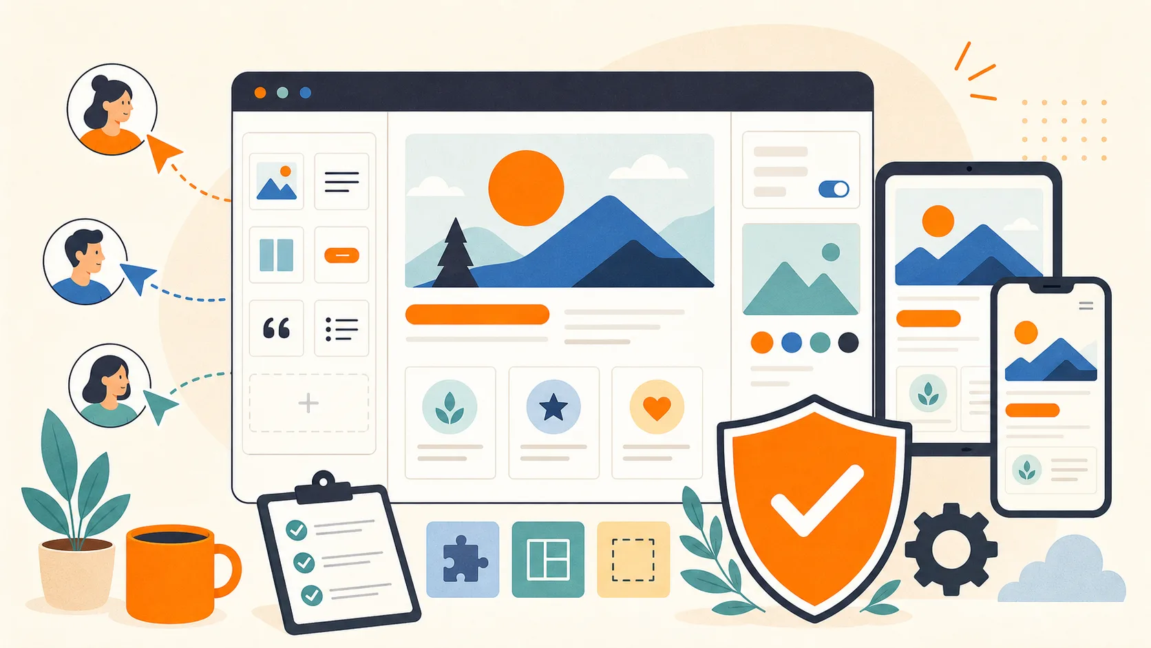 WordPress 7.1: Novidades E Atualização Segura — Ilustração 2d Ilustração 2D de um editor de sites responsivo com colaboração, blocos e atualização segura